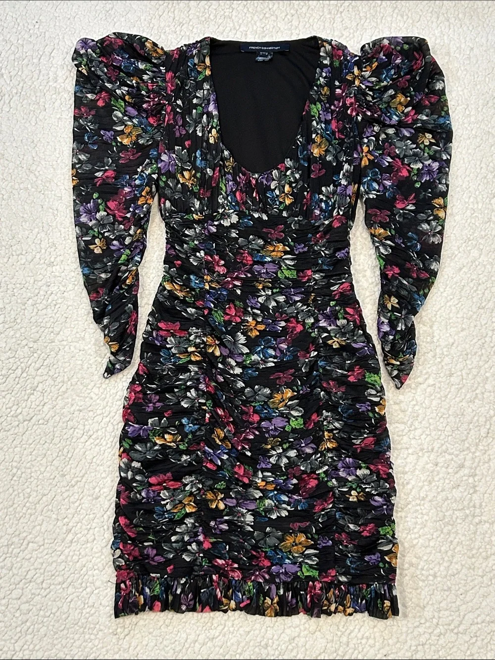 French Connection Zelka Alanna Jersey Mini Dress Black Multi sz 0 Bodycon Floral